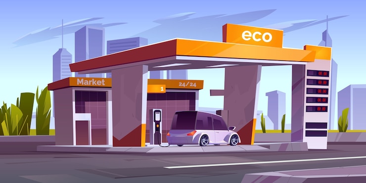 Gratis Vector oplaadstation voor elektrische auto met weergave van markt en prijzen