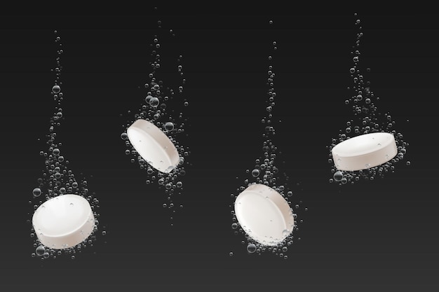 Oplosbare pillen met bruis luchtbellen trail in water bruisende vallende aspirine tabletten vitamine c hoofdpijn farmaceutische remedie drugs geïsoleerd op zwarte achtergrond realistische 3d-vector illustratie