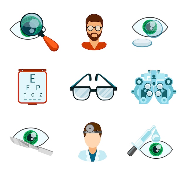 Gratis vector optometrie en optische pictogrammen platte set. pipet en oogarts, ooganalyse, oogheelkunde en behandeling,