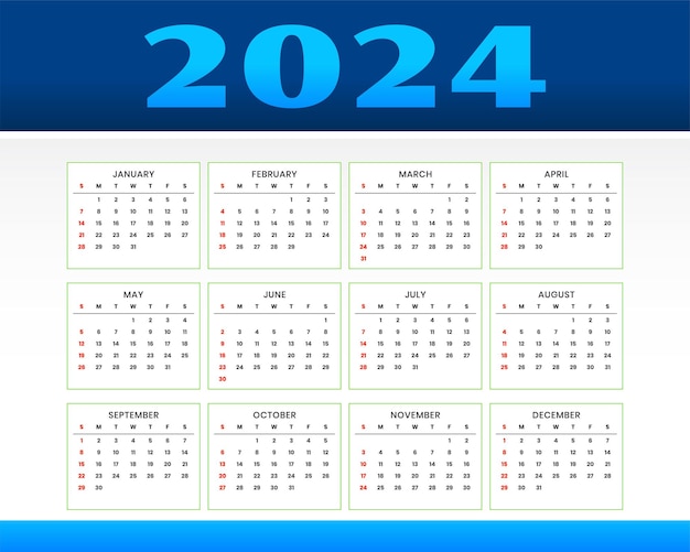 Gratis vector opvallende 2024 engelse bureaukalendersjabloon voor kantoor of zakelijke vector