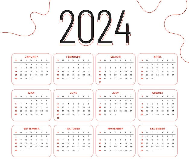 Gratis vector opvallende 2024 maandelijkse planner kalendersjabloon in vloeiende stijl vector