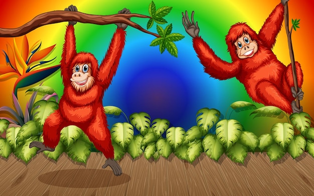 Orang-oetan stripfiguur in het bos op gradiënt regenboog achtergrond