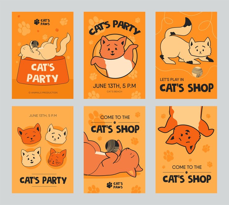 Gratis Vector oranje brochure sjabloon set met grappige kittens voor winkel of feest. speelse katten spelen met schoothoek.