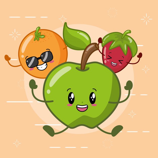 Oranje, groene appel en aardbei die in kawaiistijl glimlachen.
