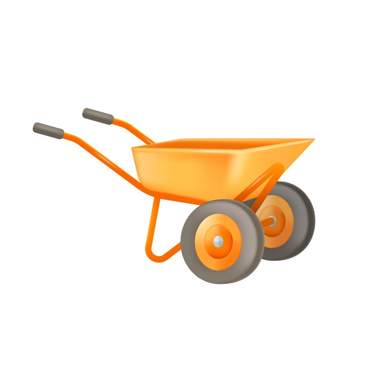 Gratis Vector oranje metalen kruiwagen voor tuinman of boer 3d illustratie. tekening van apparatuur voor verse groenten of gewassen in 3d-stijl op witte achtergrond. landbouw, tuinieren, teelt, oogstconcept