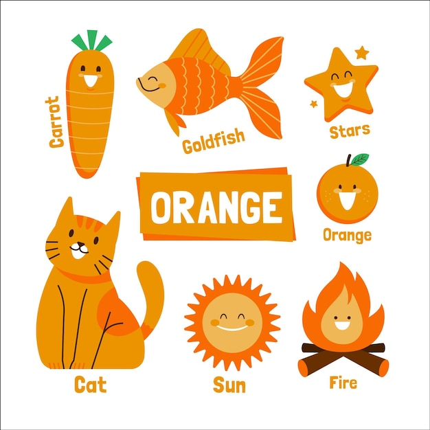 Gratis vector oranje woord en elementenpakket in het engels