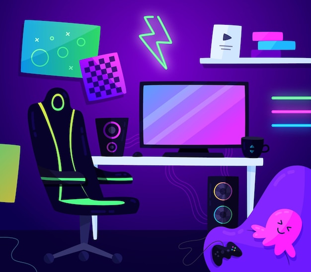 Organische platte gamer kamer illustratie