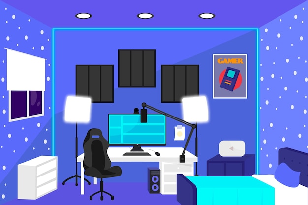 Organische platte gamer kamer illustratie