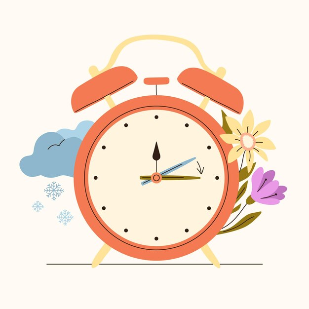 Organische platte lente verandering illustratie met klok en bloemen