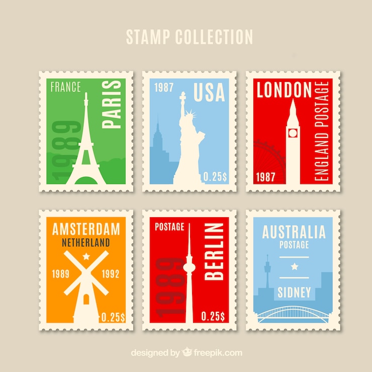 Gratis Vector oriëntatiepunt postzegels collectie in vintage stijl