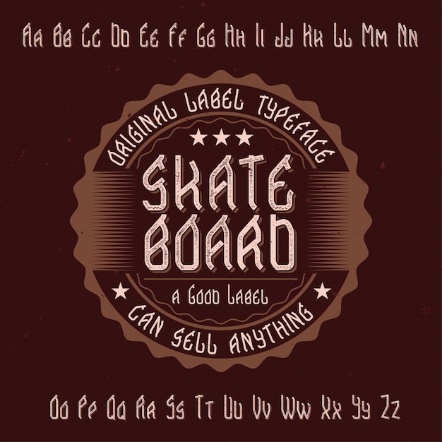 Origineel etiketlettertype genaamd 'Skateboard'. Goed te gebruiken in elk labelontwerp.