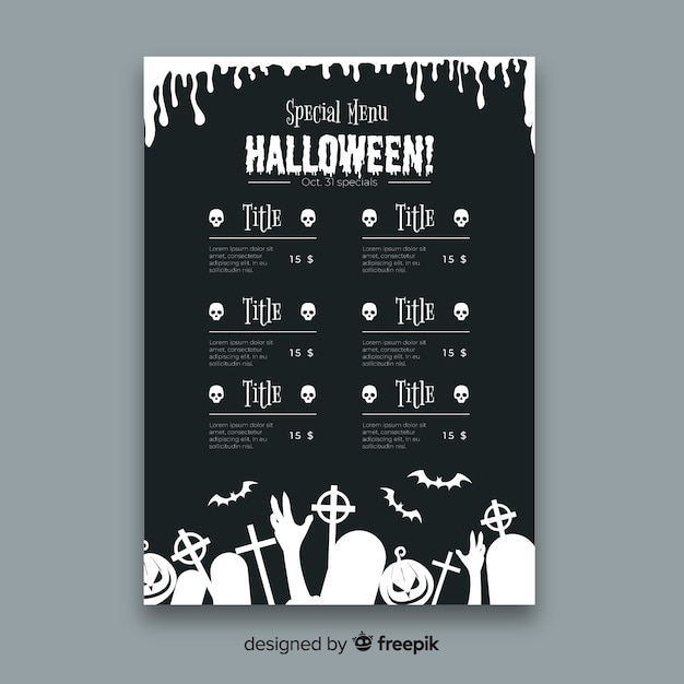 Gratis vector originele halloween menusjabloon met platte ontwerp