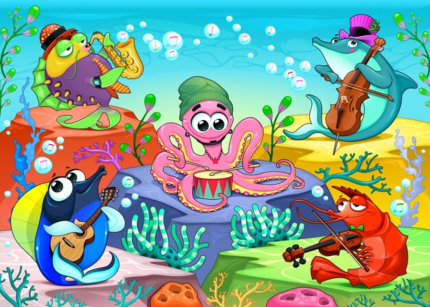 Orkest in de zee Grappige muzikale scène met de groep van mariene dieren vector cartoon illustratie