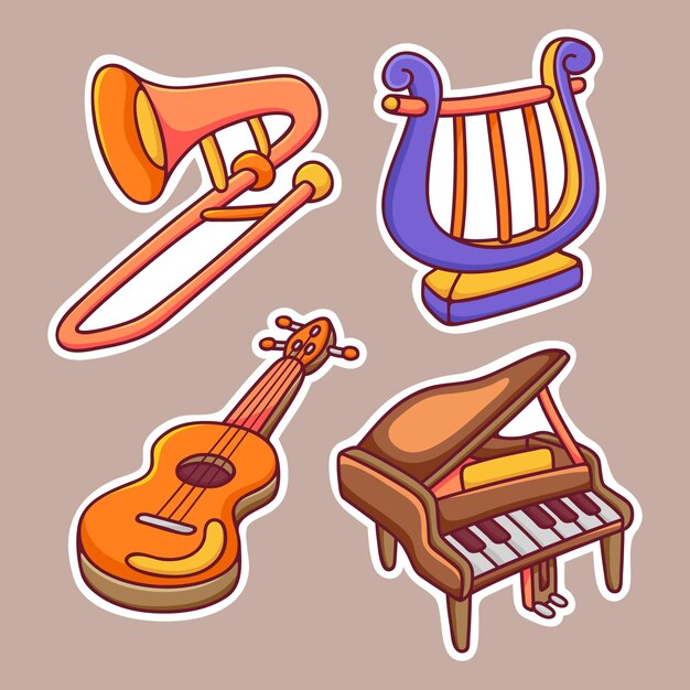 Orkestrale Muziekinstrument Sticker Pictogrammen Hand Getekende Kleur Vector