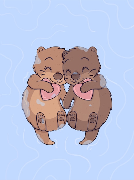 Gratis vector otter verliefde paar drijvend en hand in hand