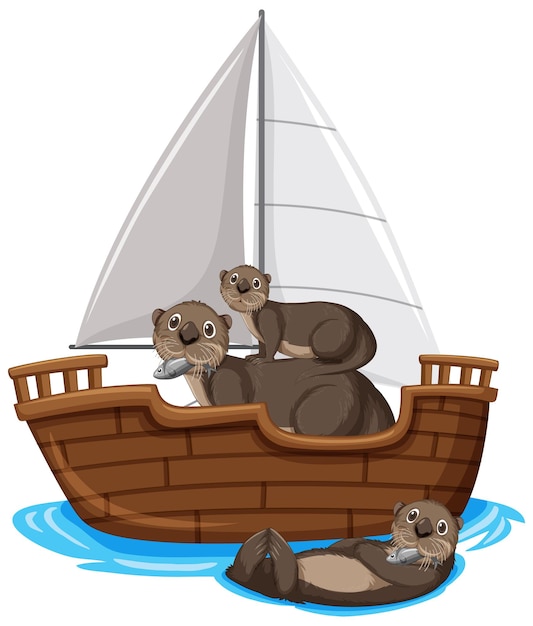 Otters op een schip in tekenfilmstijl