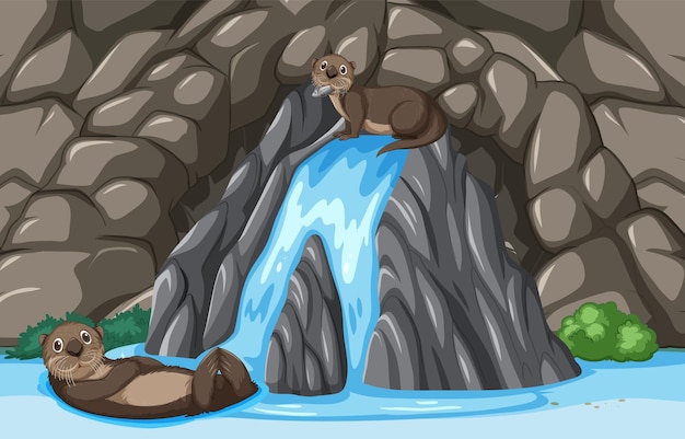 Otters spelen bij de waterval