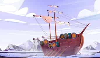 Gratis vector oud vikingschip in de noordse zee met ijs in de winter