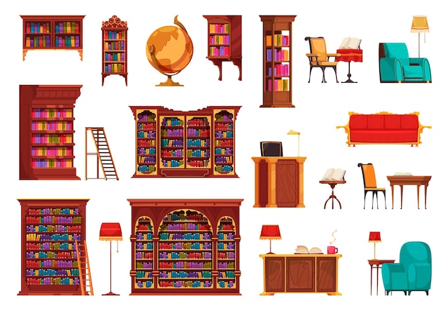 Oude bibliotheek meubels set van geïsoleerde pictogrammen met vintage meubels en houten kast rekken vector illustratie