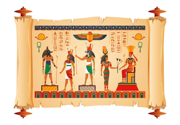 Oude egypte religie cultuur geschiedenis papyrus met belangrijkste goden afbeeldingen mestkever amulet museum tentoonstelling illustratie