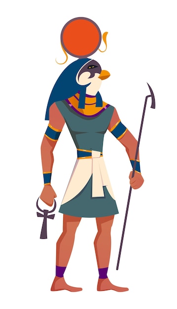 Oude egypte zonnegod ra platte vector illustratie godheid bij menselijke figuur met valk hoofd in zonne di