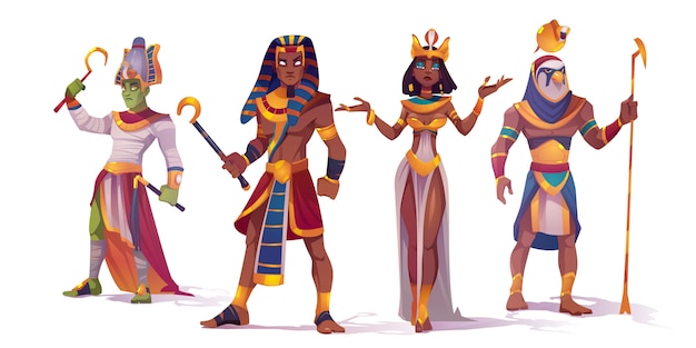 Gratis vector oude egyptische god amon, osiris, farao en cleopatra. vector stripfiguren van de mythologie van egypte, koning en koningin, god met valk hoofd, horus en amon ra