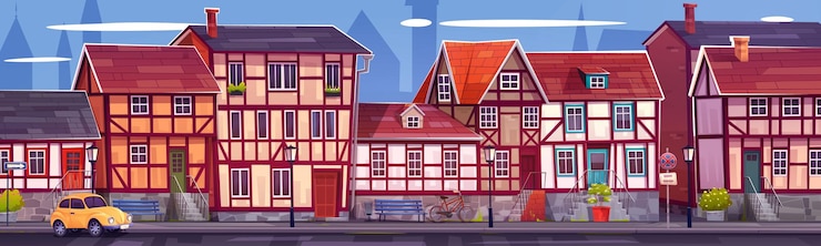 Gratis Vector oude europese stadsstraat met traditionele gebouwen vectorbeeldverhaalillustratie van buurt met traditionele duitse vakwerkhuizen gele retro auto op wegfiets geparkeerd dichtbij bank