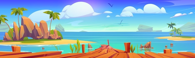 Gratis vector oude houten pier op een zonnig strand