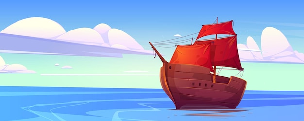 Oude houten schip met rode zeilen in zee cartoon vectorillustratie van oceaanlandschap met oude galjoen of caravel zeilboot met masten en touwen op blauw water