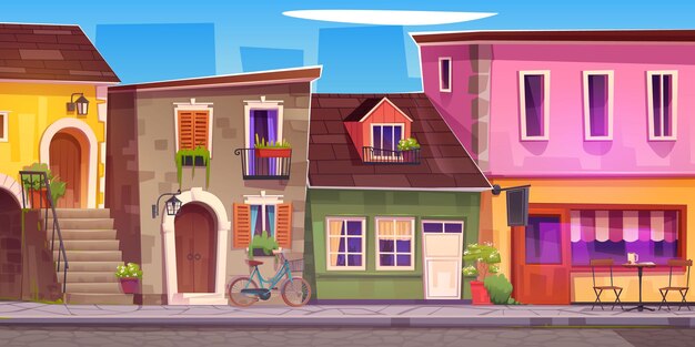 Oude Italiaanse stadsstraat met café Cartoon vectorillustratie van traditionele Europese architectuur geplaveide weg huizen met balkons en luiken op ramen versierd met bloemen zonnige dag