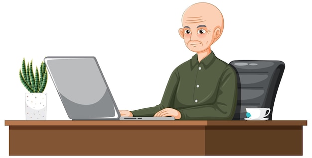 Gratis vector oude man met laptop op het bureau