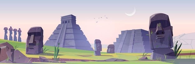 Oude Maya-piramides en moai-beelden op Paaseiland