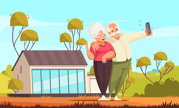 Gratis vector oude mensen activiteit cartoon samenstelling met gelukkig senior paar selfie te nemen in hun achtertuin illustratie