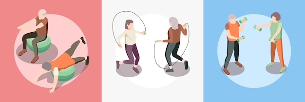 Gratis vector oude mensen fitness vierkant set met gezondheid en energie symbolen isometrische geïsoleerde vector illustratie