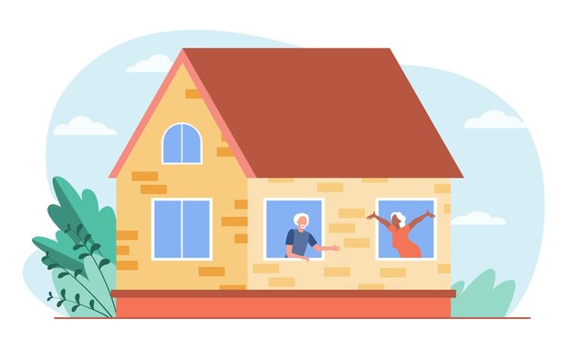 Oude mensen praten door ramen. Huis, liefde, gepensioneerde platte vectorillustratie. Communicatie en pensioen