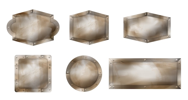 Gratis vector oude metalen borden in verschillende vormen, roestige planken met stalen frame en schroeven.