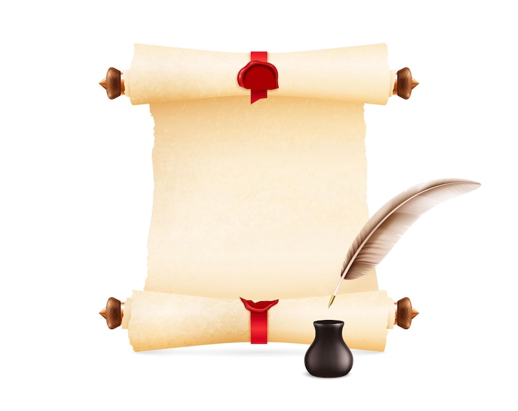 Gratis Vector oude perkament oude veer pen realistische compositie met vintage blad houten rollen was zegel en lint vector illustratie