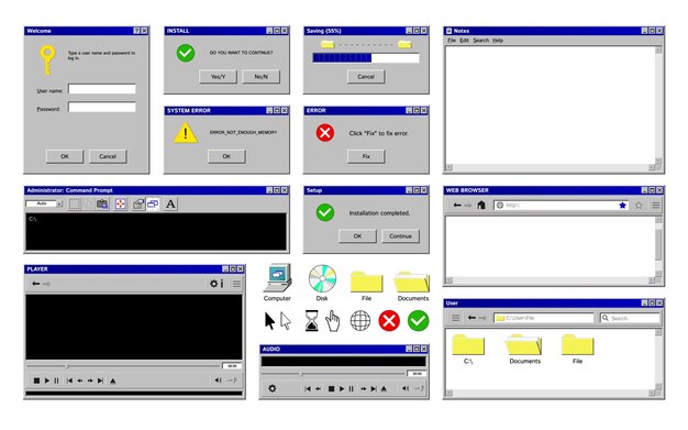 Oude programmavensters die met geïsoleerde beelden van retro computerapp-interface met de kleurrijke vectorillustratie van pictogrammenknopen worden geplaatst