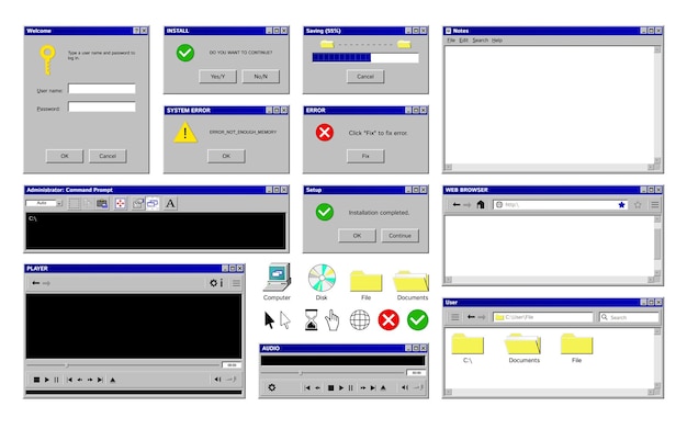 Oude programmavensters die met geïsoleerde beelden van retro computerapp-interface met de kleurrijke vectorillustratie van pictogrammenknopen worden geplaatst