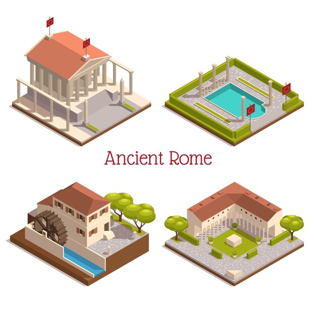 Oude Rome toeristen attracties bezienswaardigheden 4 isometrische composities met houten watermolen pantheon pilaren kolommen ruïnes illustratie