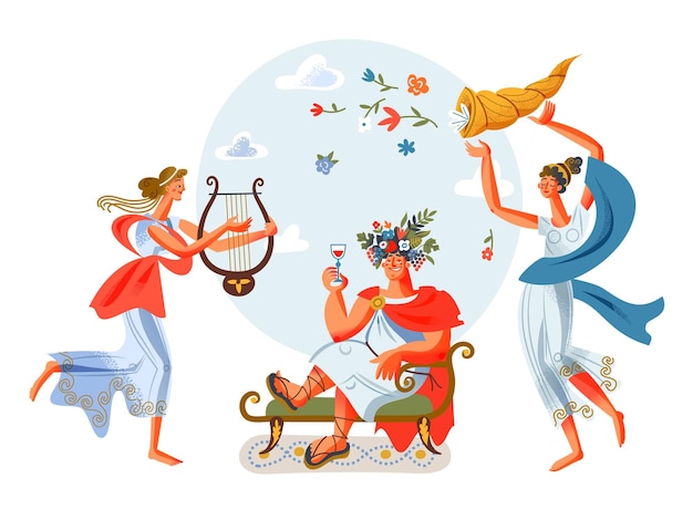 Gratis vector oude romeinse keizer keizer vergadering vrouwen spelen muziek en dansen rome geschiedenis en cultuur jonge patriciër in toga en sandalen meisje speelt op harp op witte achtergrond