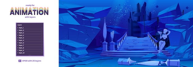 Oude ruïnes op zeebodem oude architectuur met gebroken kolommen standbeeld en trappen verzonken onder water in de Oceaan Vector parallax achtergrond klaar voor 2d animatie cartoon onderwater landschap