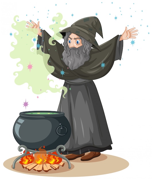 Oude tovenaar met spreuk en magische pot cartoon stijl geïsoleerd op een witte achtergrond