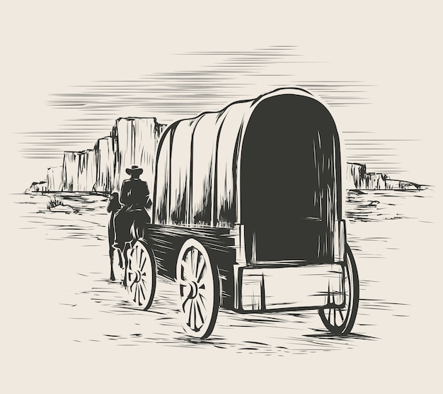 Gratis vector oude wagen in de prairies van het wilde westen. pionier op paardentransportwagen