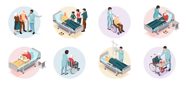 Oudere mensen in het ziekenhuis isometrische ronde composities geïsoleerd op witte achtergrond vector illustratie
