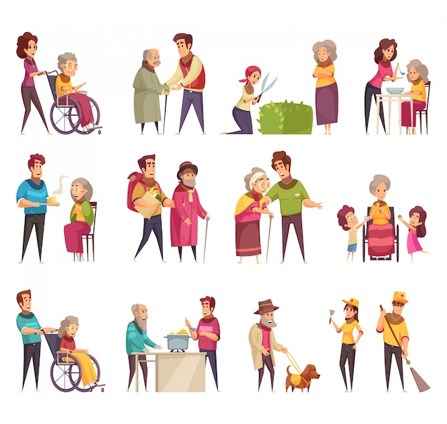 Gratis vector ouderen professionele sociale hulpdienst werknemers vrijwilligers familie ondersteuning platte cartoon elementen set geïsoleerd