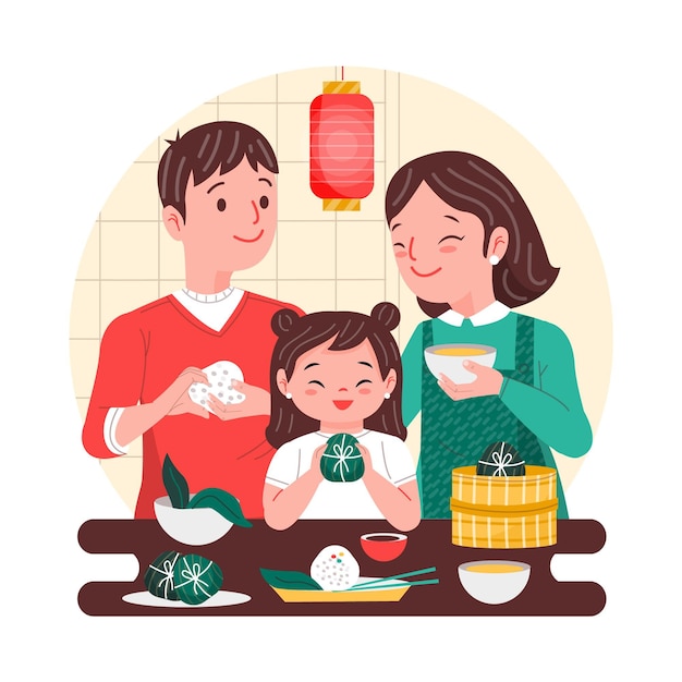 Ouders en kinderen maken zongzi