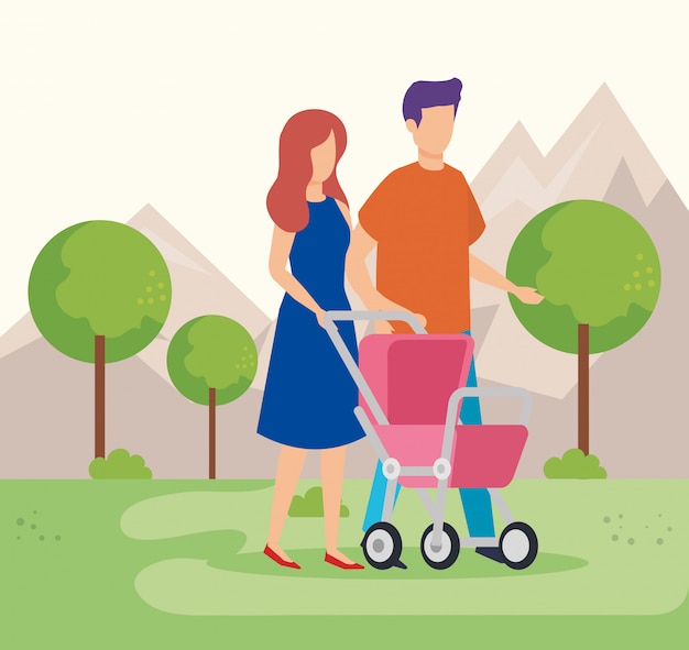 Gratis vector ouders koppelen met karbaby in het park