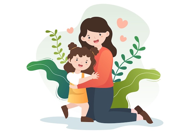Ouderschap van moeder, vader en kinderen die elkaar omhelzen in een liefdevol gezin. leuke cartoon achtergrond vectorillustratie voor banner of psychologie
