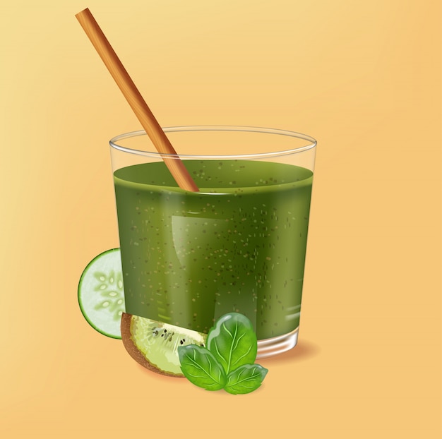 Ouderwets glas met bamboe stro. Spinazie groene smoothie met kiwi, komkommer en limoen decoratie